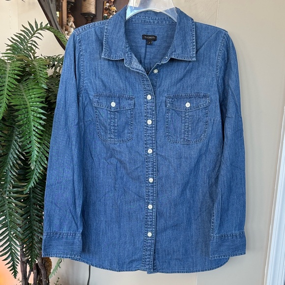 Talbots Denim Patch Pocket Jean Shirt Long Sleeve Button Up Collared 100% Cotton - Picture 2 of 12
